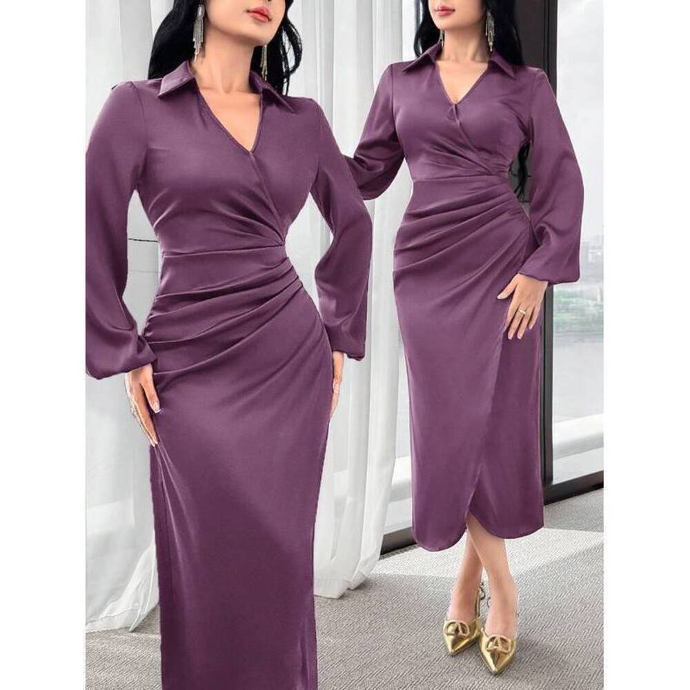 Modelyn New V-Neck Long Sleeve Ruched Cinched Waist Burgundy Party Dress - Picture 2 of 6